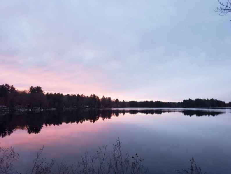 Beautiful Pink Sunset at Lake in Barrington, New Hampshire